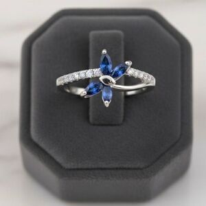 Sterling Silver Blue Spinel & CZ Butterfly Ring Marquise Cut New